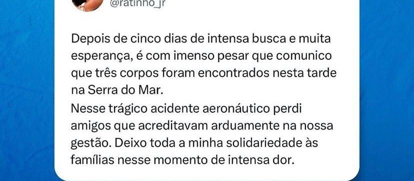 "Nesse trágico acidente  aeronáutico perdi amigos que acreditavam arduamente na nossa gestão", diz Ratinho Junior 
